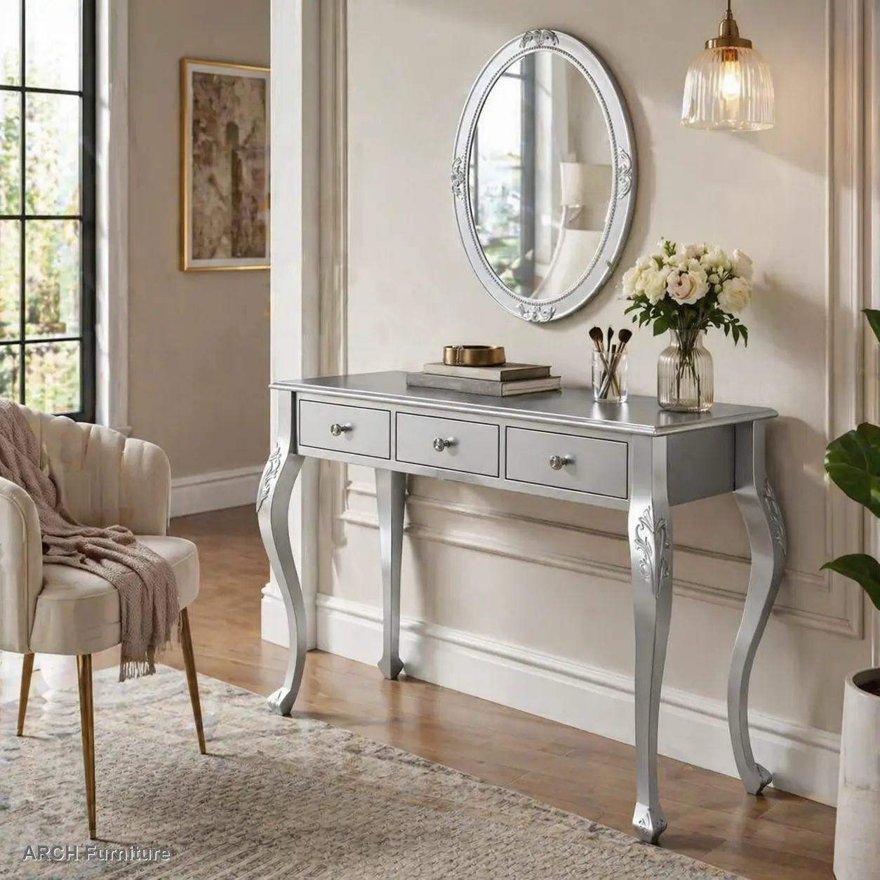 Vintage ARCH Makeup Vanity Desk with Oval Mirror - 3-Drawer MDF Wood Classical Compact Durable Dressing Table, Floral Engraved Curved Legs, Jewelry Storage, Elegant Console Table for Bedroom, Silver Home Decor, Vanity Organizer, Makeup Vanity Organizer