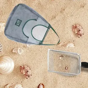 Mesh Beach Shovel with Mesh Beach Bag, Shell Collecting Sand Filter Scooper, Shark Tooth Sifter Dipper, Portable Outdoor Beach Toy Storage Set for Kids, Shells and Small Treasures