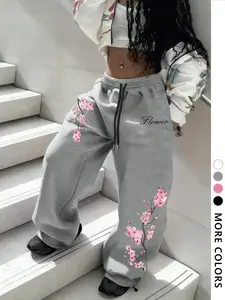 Women's Wide Leg Pants with Letter & Cross Pattern, Pockets, High Waist Drawstring, Street Style, Fitted, Casual Fashion for Spring Autumn Winter