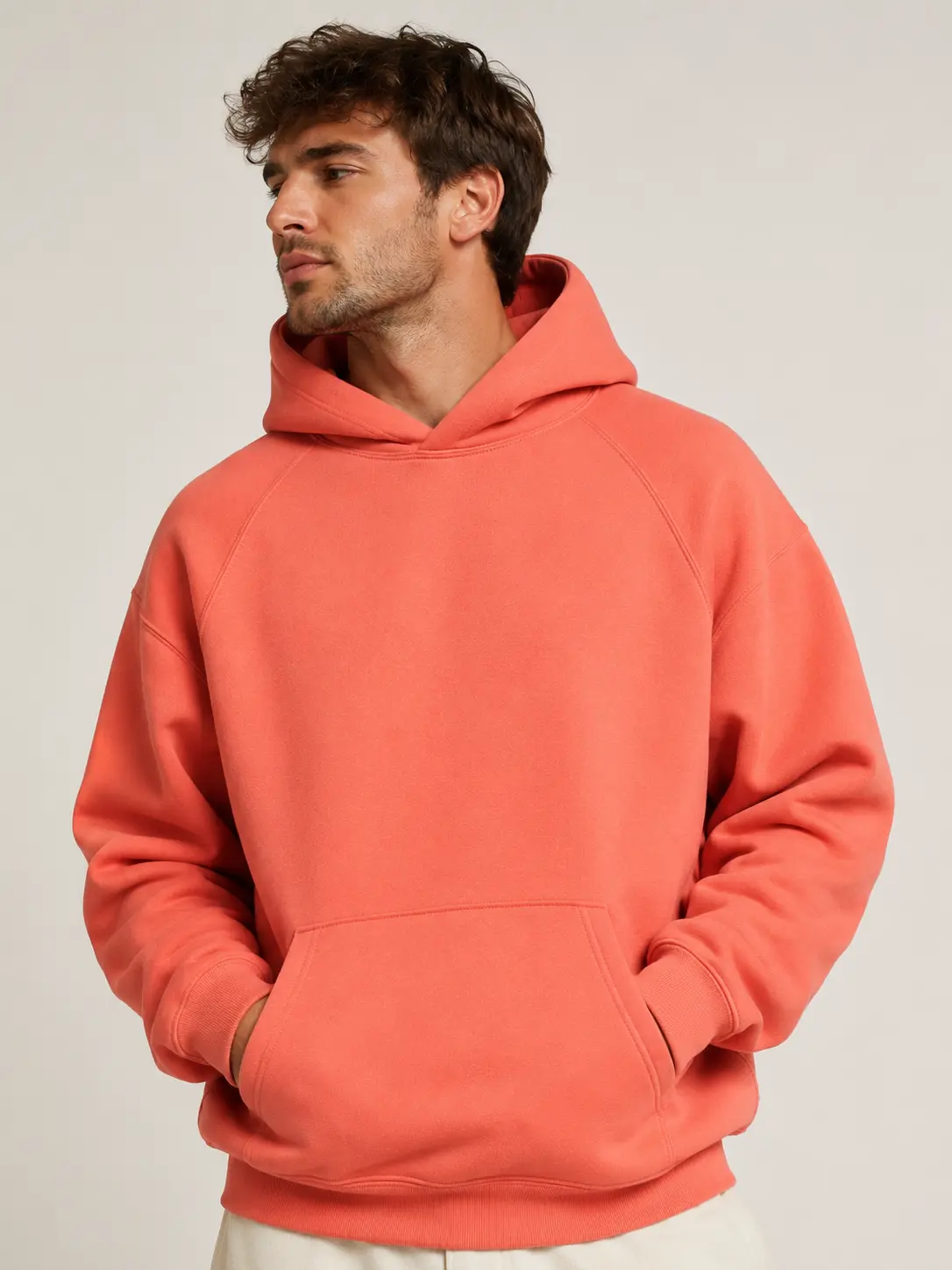 Coral Men's Pullover Fleece Hoodie Solid Basic Fleece Letter Loose Hoodie Sweatshirt Long Sleeve Kangaroo Pocket Drop Shoulder Pullovers Top