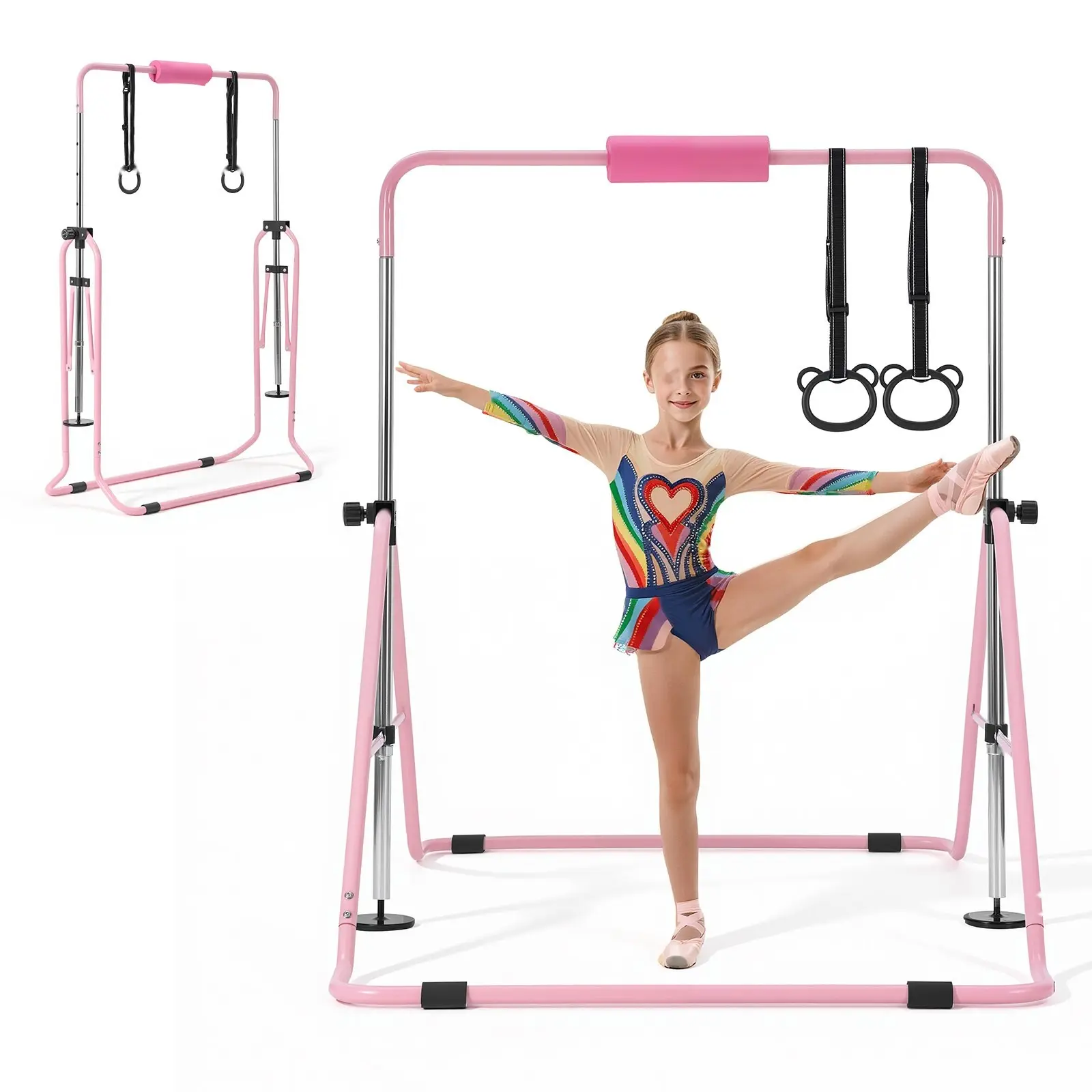Gymnastic Bars for Kids, 140 Lbs Capacity Folding Training Kip Bar, Adjustable Height Gymnastic Horizontal Bar for Home, Training Equipment for Indoor and Outdoor, Easy to Assemble, Pink
