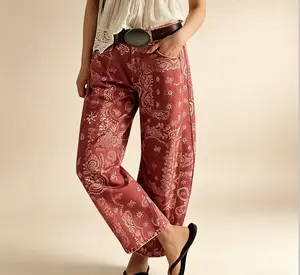 Women's Printed Wide-Leg Jeans Y2k Loose Mid-Rise Jeans in Soft Pink with BohoPattern Casual Denim Trousers
