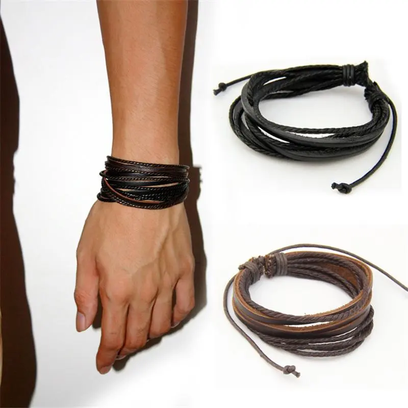 100% Hand-Woven Fashion Jewelry Wrap Multilayer Leather Braided Rope Wristband Men Bracelets & Bangles For Women
