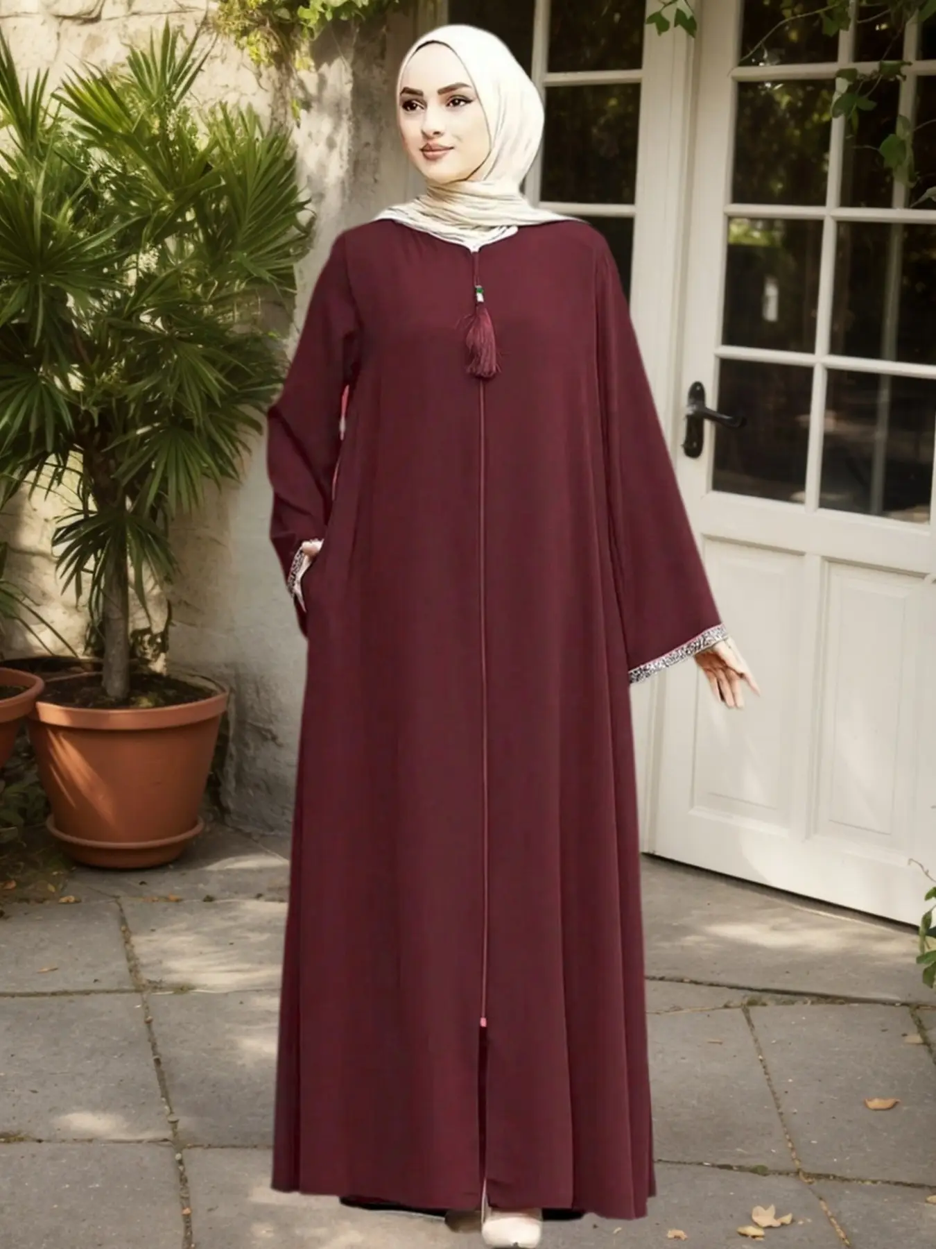 Casual Loose-Fitting Women's Round Neck Zipper Long Sleeve Pocket Robe Dress, Perfect for Daily Wear, Family, Vacation & Dates