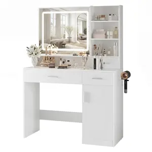 Makeup Vanity Desk with Mirror and Lights, Power Outlet & Adjustable RGB LED Lights, Dressing Table with Storage Shelf for Women & Girls Bedroom