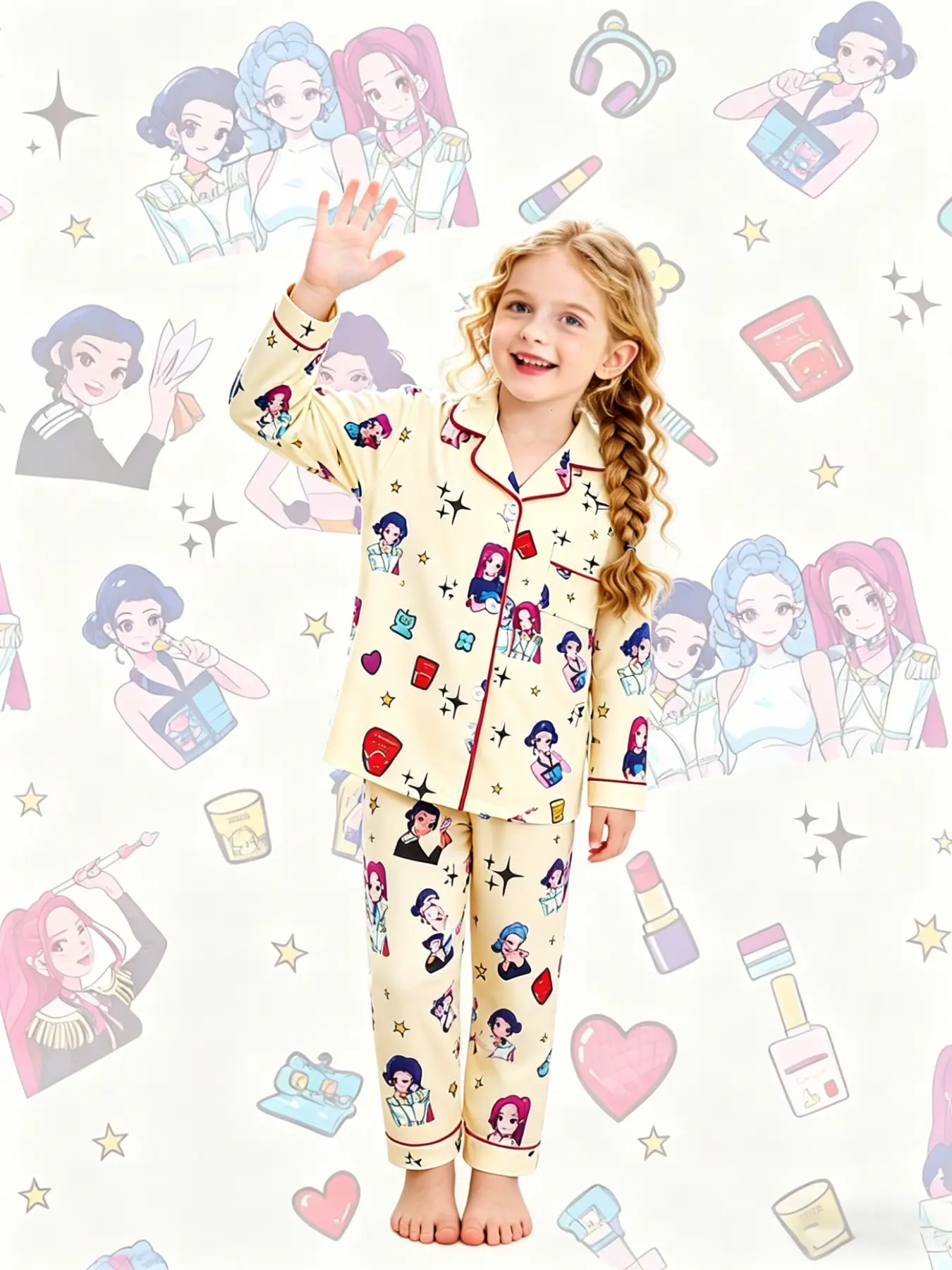 2-piece children's set featuring K-pop cartoon girl prints, short sleeves, shorts with soft top, small pockets, lapel design, elastic waistband, suitable for year-round home wear, Cartoon Print Sleepwear
