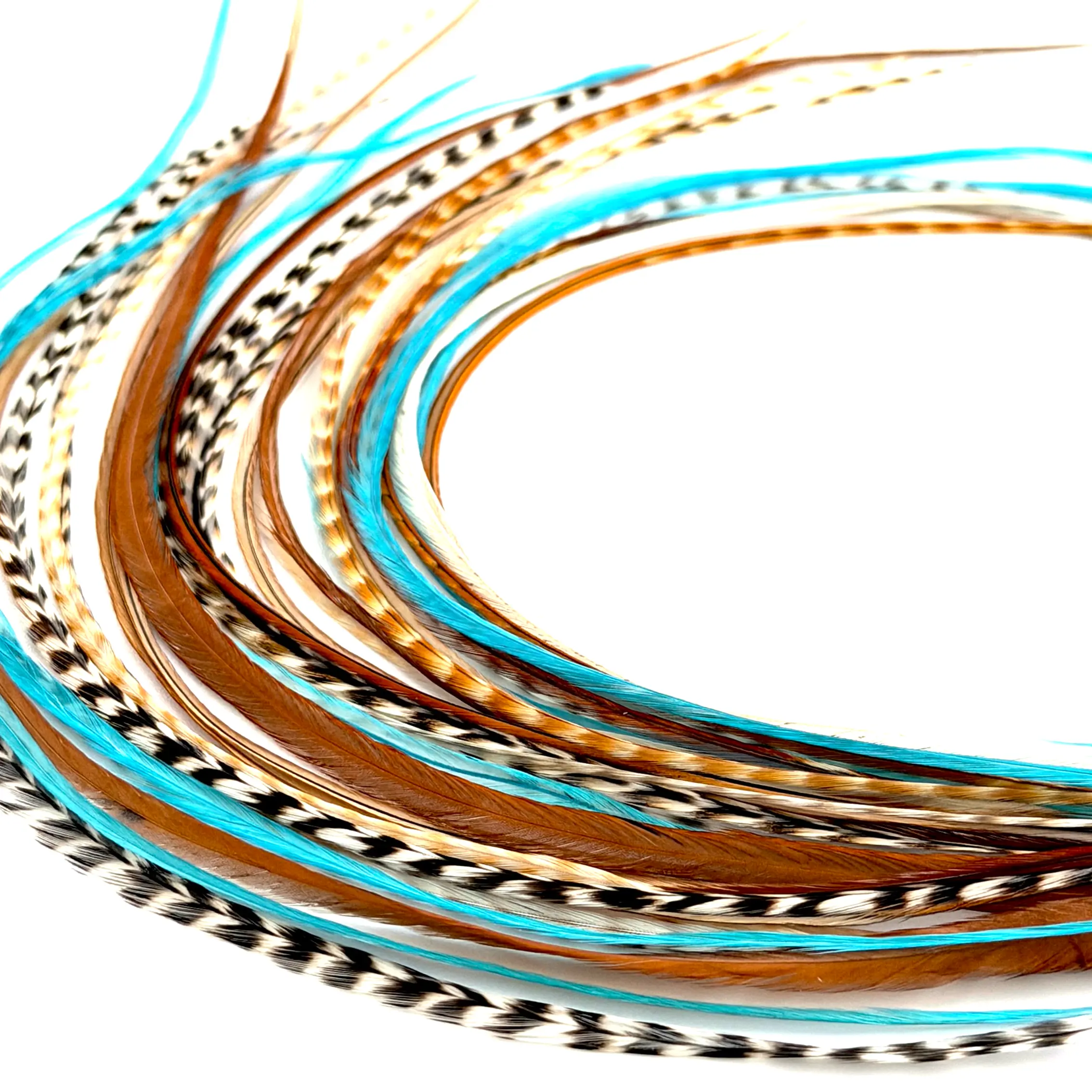 21 Natural & Turquoise Color Hair Feathers DIY Kit for Hair Extension - 9”- 14” Long - Eye-Catching Design - 20 Micro-link Beads - 100% Real Rooster Feathers