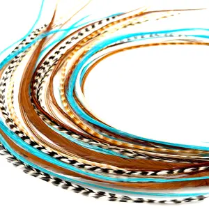 21 Natural & Turquoise Color Hair Feathers DIY Kit for Hair Extension - 9”- 14” Long - Eye-Catching Design - 20 Micro-link Beads - 100% Real Rooster Feathers