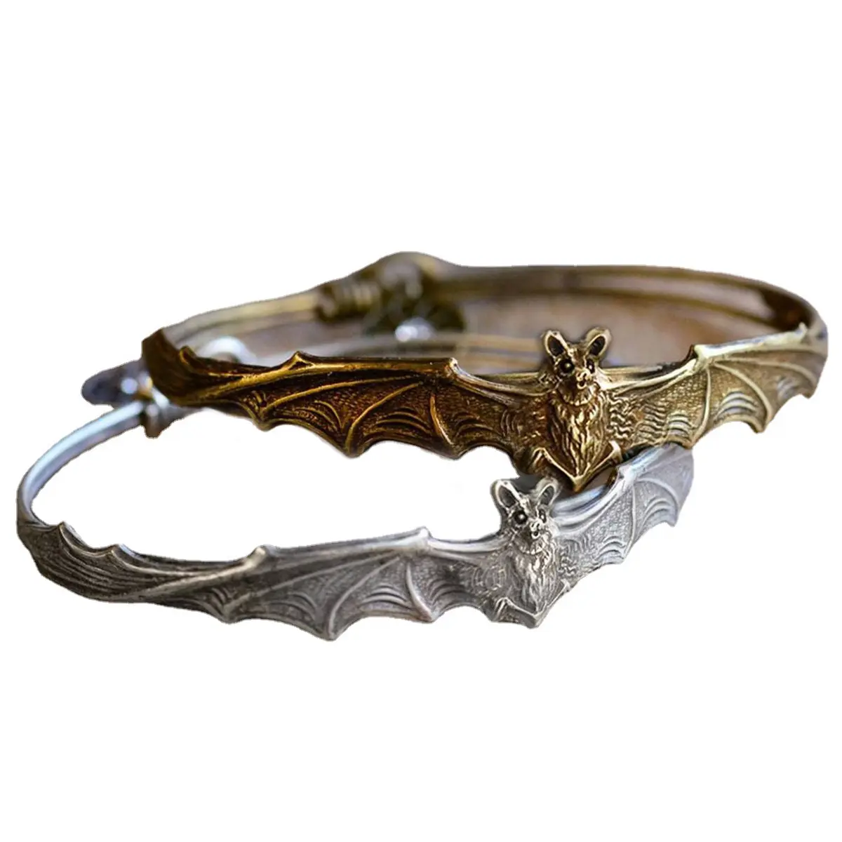 Unisex Whimsical Bat-Animal Themed Adjustable Witchy Jewelry Bangle Cuffs - Gold-Plated/Silver Gothic Artificial Gemstone Adult Daily Hand Accessories, Adults, Gothic Witchy, Everyday Wear, Bat Motif, Dark Elegance, Stackable Pairs, Fashion, Metal Coating