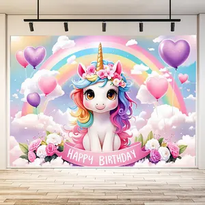1pc                                              cute cartoon unicorn birthday decoration - "HAPPY BIRTHDAY" banner, fluffy clouds, rainbow background, heart balloon, Flowers, light blue sky, children and girls birthday party holiday decoration items