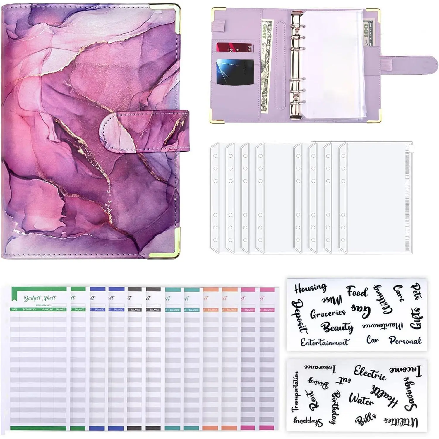 A6 Marble Pattern Budget Binder, 1 Count Binder with 8 Cash Envelopes, 12 Budget Sheets & 2 Letter Label Stickers, Stationery Supplies, Planner Notebook, Budget Financial Planner, Monthly Budget Planner, Savings Tracker Organizer