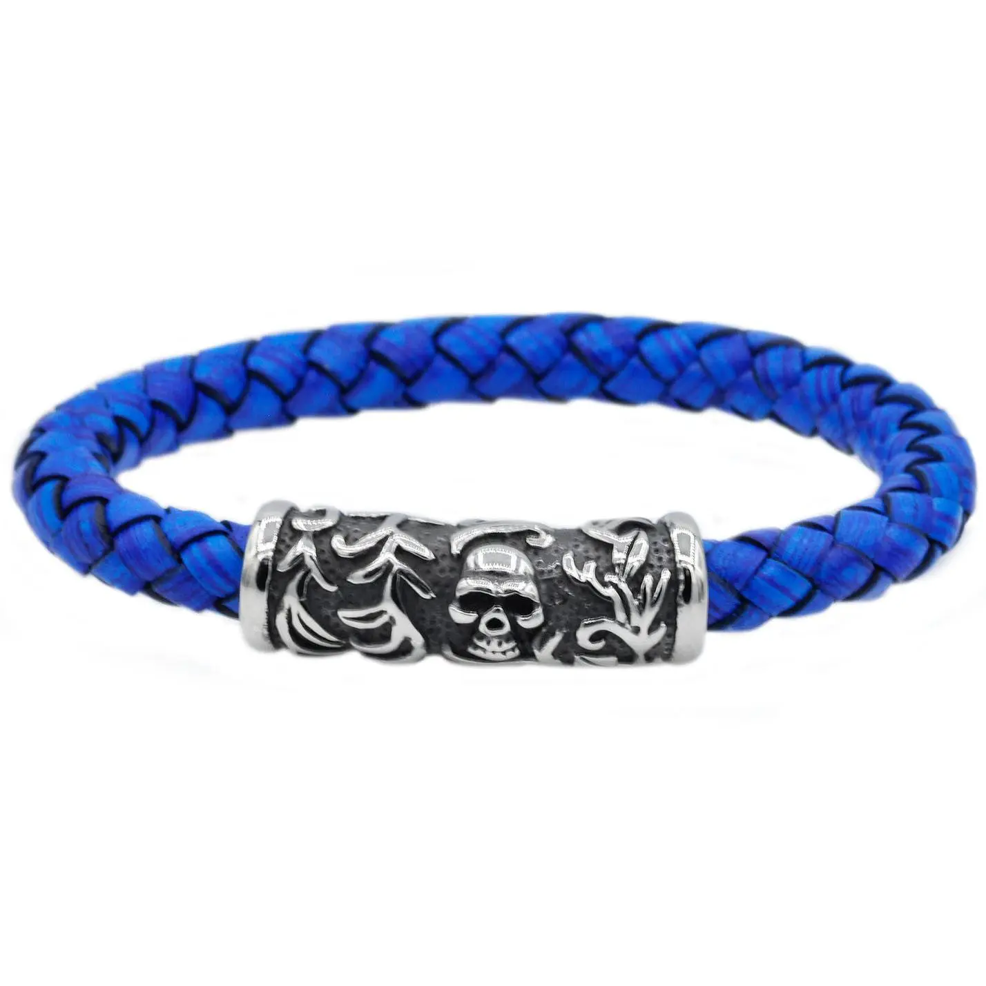 Mens Blue Leather And Stainless Steel Skull Bracelet