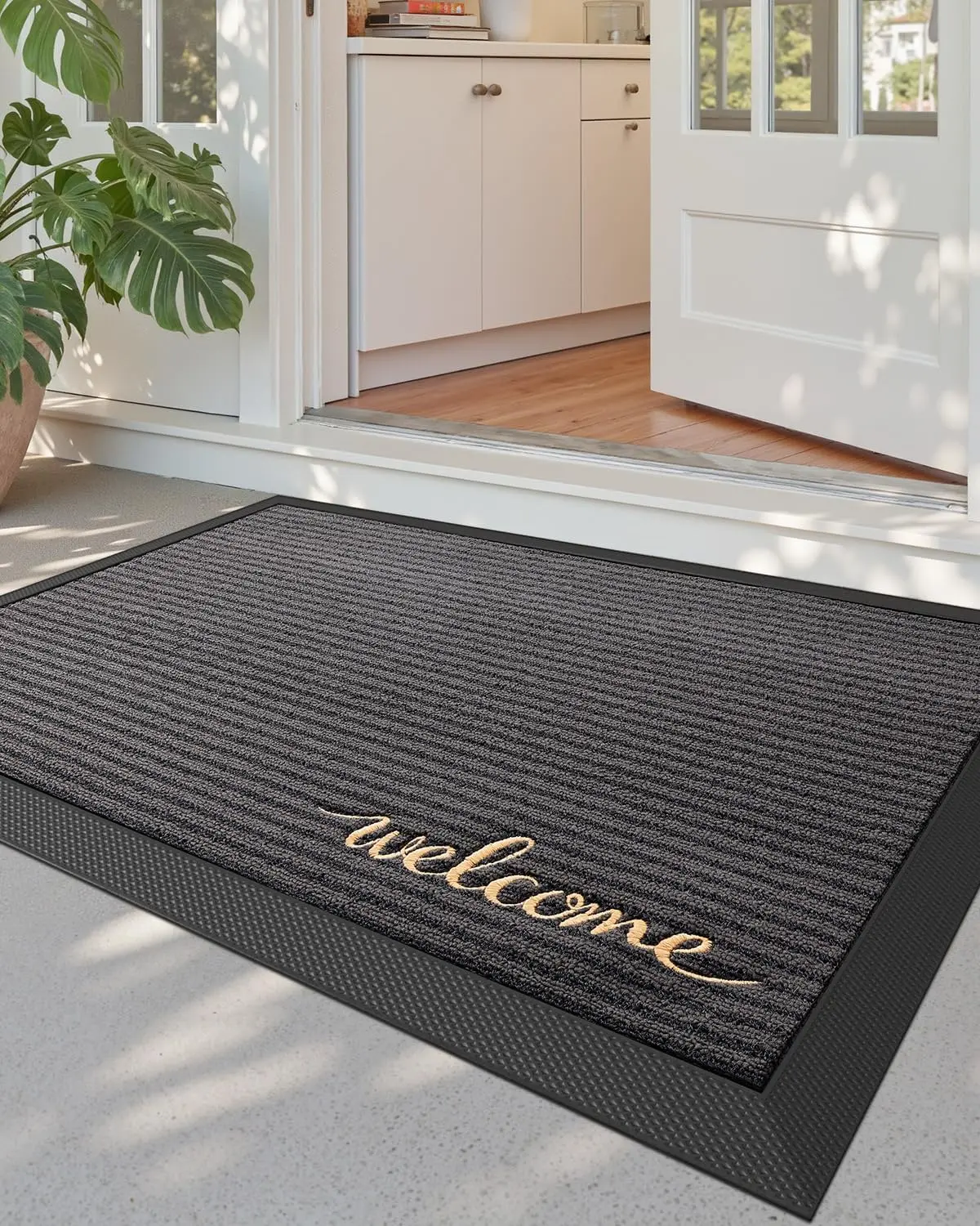 DEXI Heavy-Duty Rubber Front Door Mat, 2x3 ft Low Pile Stain Resistant Machine Washable Non-Slip Entryway Rug for Exterior Patio, Welcome Grey, Low Pile Rug, Stain Resistant Rug