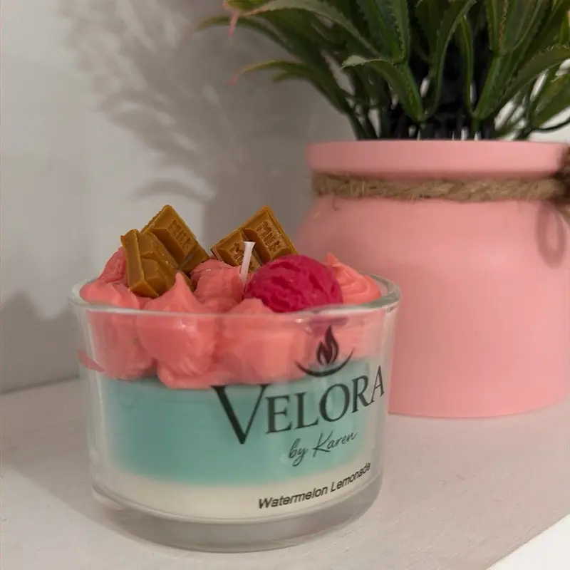 Velora by Karen Watermelon Lemonade Scented Candle with Pink & Blue Layers and Decorative Elements