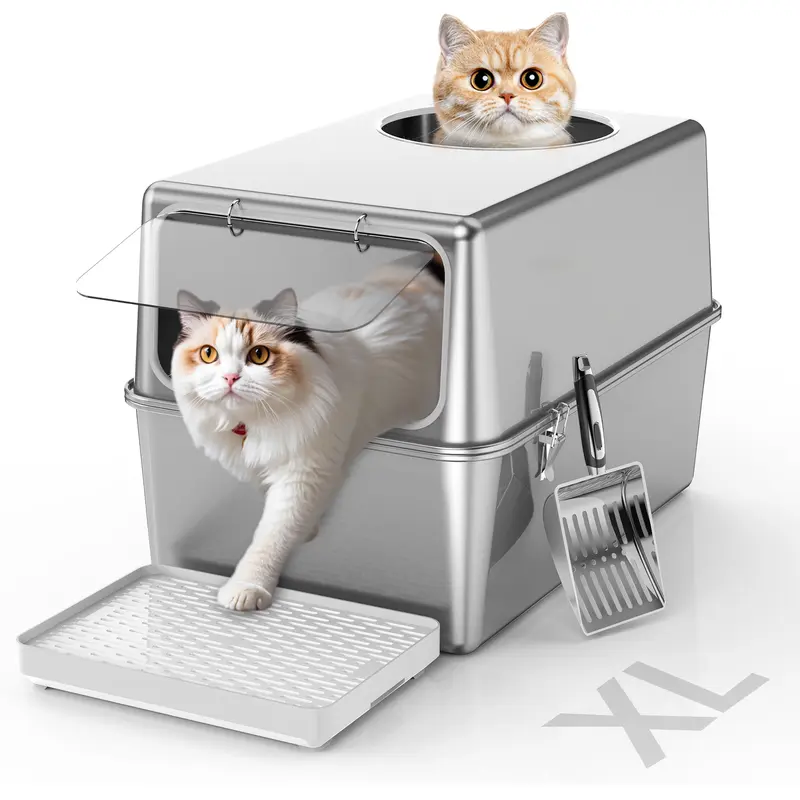 Aothey XL Enclosed Stainless Steel Cat Litter Box with Lid High Side Odorless Easy Cleaning Non-Sticky Pet Supplies Large Size 23.6x15.7x15.7 inches