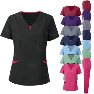 Scrub Set for Women Nurse Blouses Trendy V Neck Plus Size Nursing Blouse Beautiful Solid Color Workwear Scrub Tops and Pants