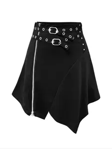 Gothic Zipper Opening Irregular Hem Skirt, Punk Metallic Design Asymmetrical Women's Half Dress, Festival Street Fashion Short Skirt, Womenswear