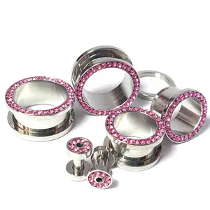 PAIR Pink CZ Gem Rimmed 316L Surgical Steel Screw Fit Tunnels Plugs Gauges