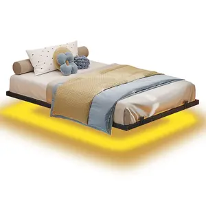 SIKAIC Modern Floating Sturdy Bed Frame - Black Iron Pipe Bed Frame with LED Lights for Twin XL Size, Modern Floating Bed