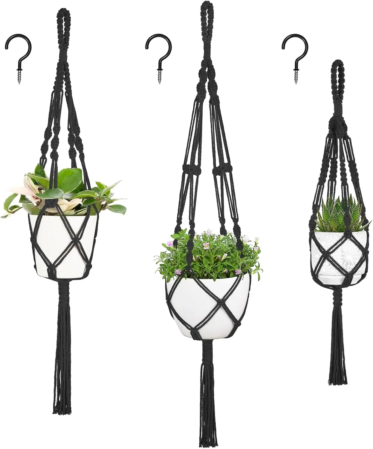 3 Pack Macrame  Hangers, Different Sizes  Planters Indoor Basket Decorative Flower Pots Holder Stand Boho  Decor, Black