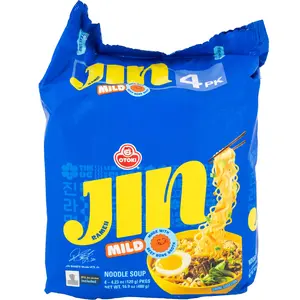 OTTOGI Mild Spicy Jin Ramen Family Pack - 4 Packs (480g) Korean-Style Instant Noodles, Soft & Chewy Texture, Rich Broth, Savory Vegetable-Infused Food, Flavorful Pantry Snack, Delicious Flavor