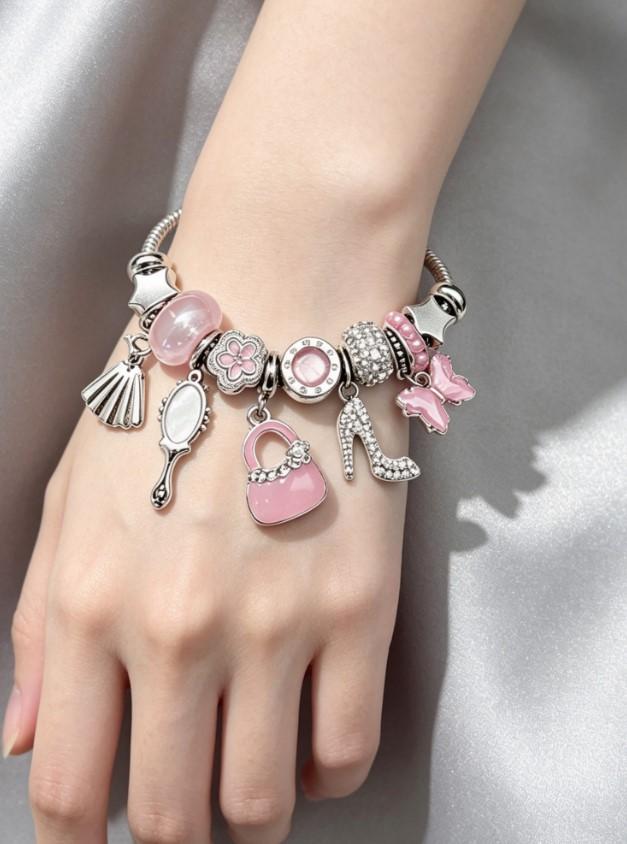 Silver Snake Chain Charm Bracelet, Pink Enamel Handbag High Heels Mirror Butterfly Beaded Bracelet, Sweet Fashion Jewelry Gift for Women Teen Girls Silver Snake Chain Charm Bracelet, Pink Enamel Handbag High Heels Mirror Butterfly Beaded Bracelet, Sweet Fashion Jewelry Gift for Women Teen Girls