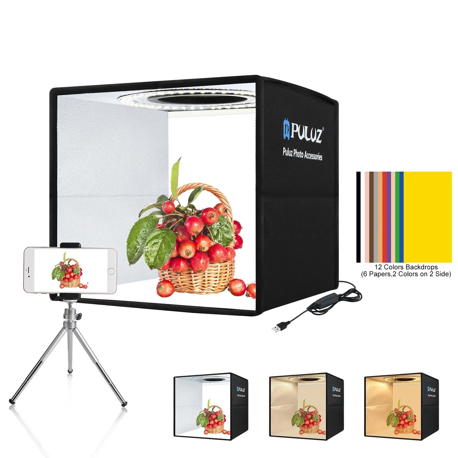 PULUZ Portable Foldable Ring Light Box, Photographic Fill Light, LED Photography Studio with 6 Colorful Backdrops, Suitable for Product Shooting at Home or Outdoors, Photography Camera Accessories, Photoshoot Accessories