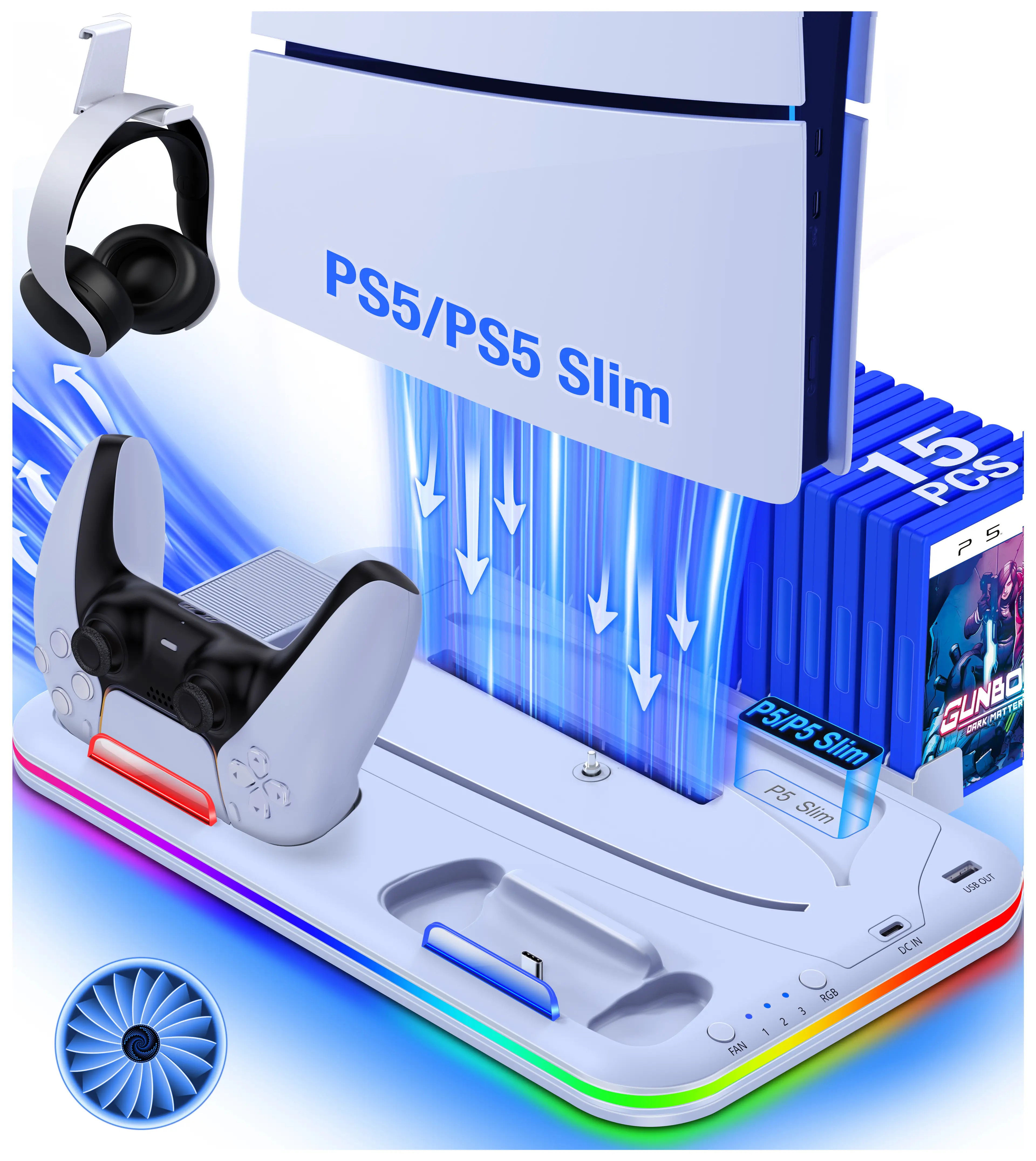 PS5 Stand and Cooling Station with Controller Charging Station for PS5 Slim, PS5 Accessories 3 Levels Cooling Fan, RGB Light, 15 Game Storage, Headset Holder for Playsation 5 Digital/Disc