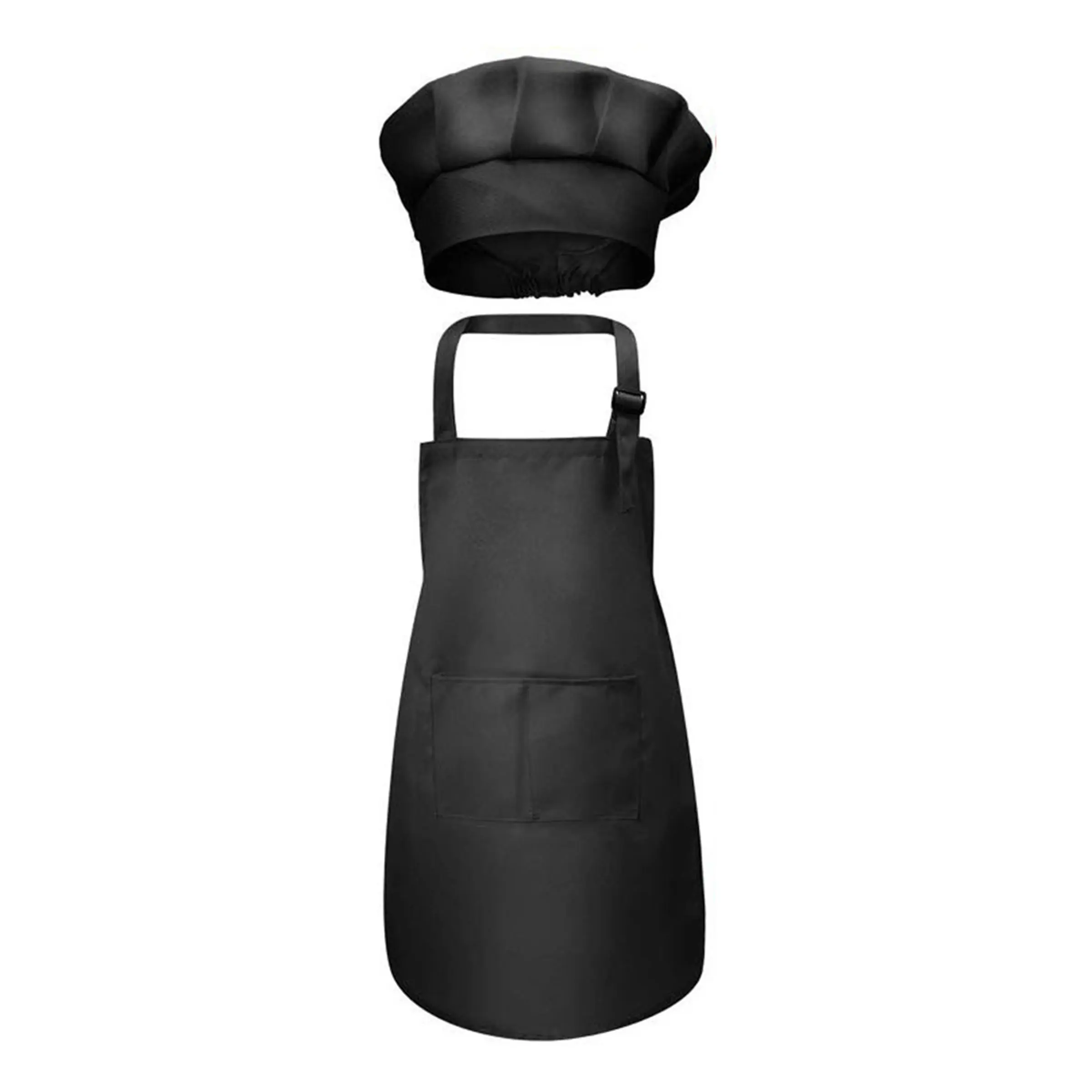 Children's Apron & Hat Set, 1 Count Solid Color Apron with Pocket, Kitchen Chef Apron for Painting Cooking Kindergarten Games, Aprons with Pockets