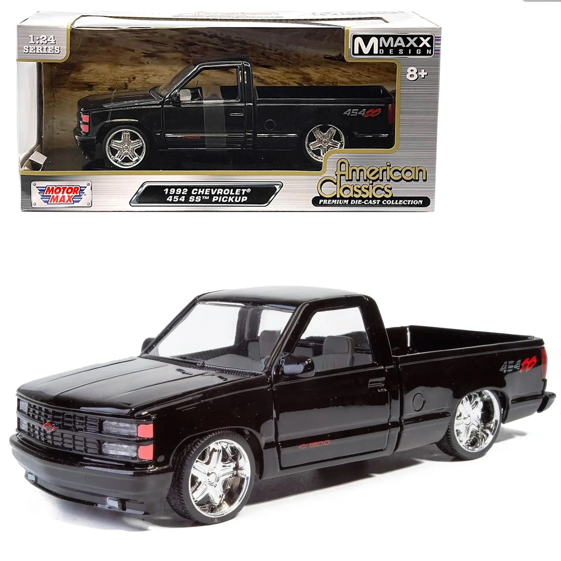 Motormax 1:24 1992 Chevrolet 454 SS Pickup Custom Wheels- Black Diecast Model Truck