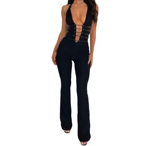 Women's Lace Jumpsuits - Halter Neck Cross Backless Sleeveless Long Rompers SummerPlaysuits Clubwear Comfort Cotton Black Overalls Fabric Womenswear Check Elegance Light Lightweight Polyester