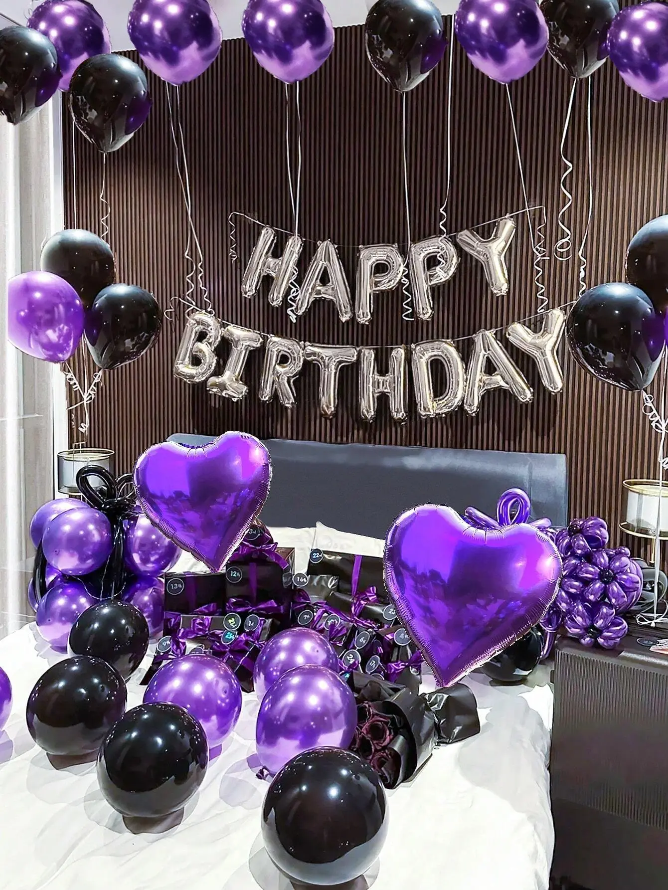 61pcs Silver Purple Birthday Balloon Decor Kit, Happy Birthday Letter Balloons with Heart Foil and Black Purple Latex Balloons for Party Backdrop
