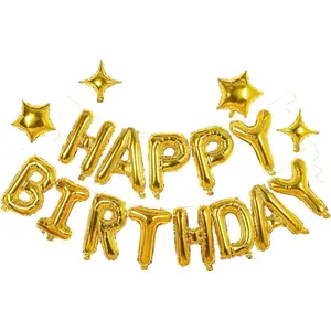 Gold Happy Birthday Banner Balloon Aluminum Foil 16 Inch Letter,10 Inch Five Pointed Star Four Pointed Star Suitable for Kids, Men, Women, Boys and Girls Party Decoration Supplies
