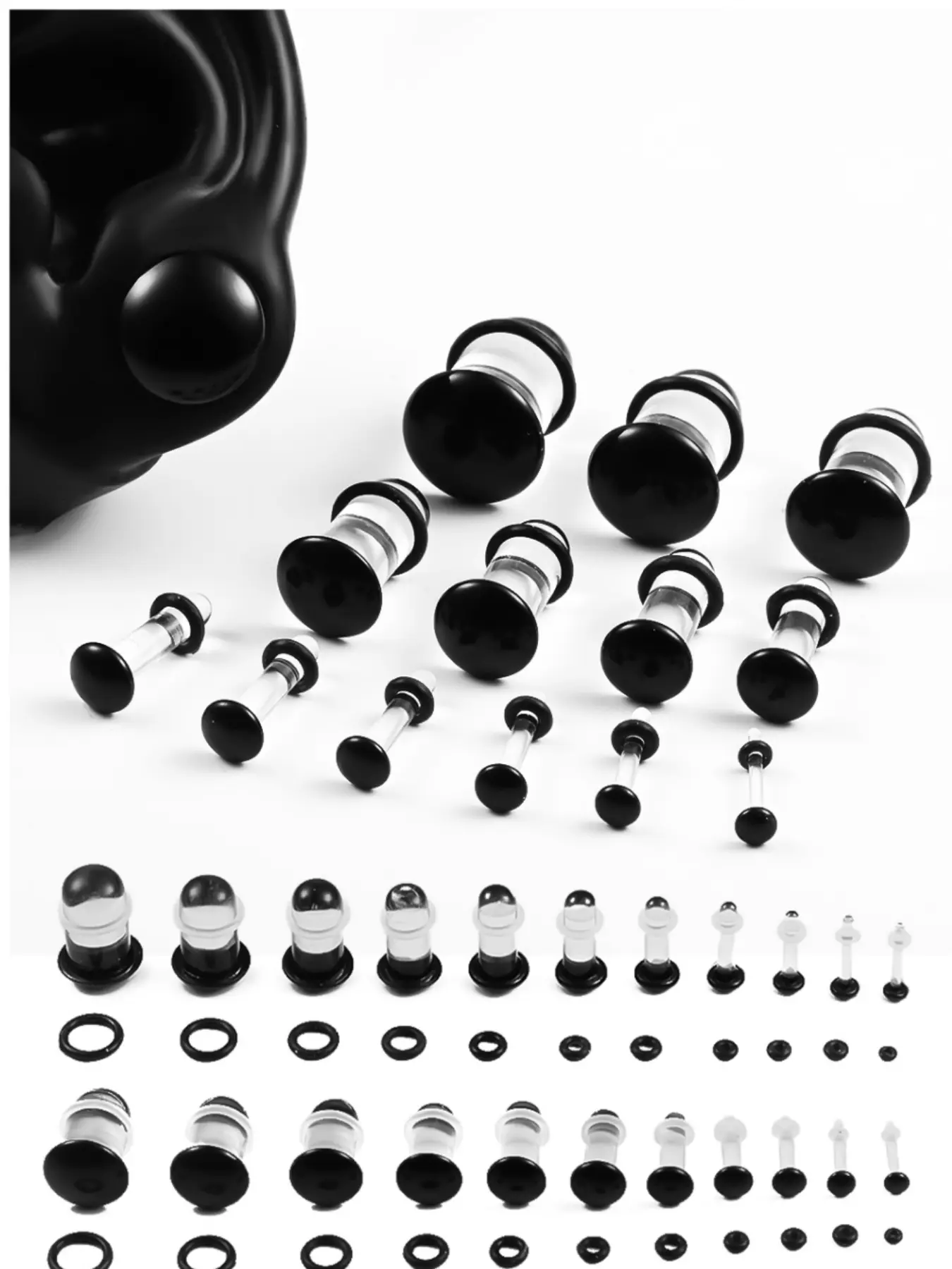 vanku Glass Ear Gauges Plugs Set (10/16/18pcs), Comfy Dead Stretching Plugs with Rubber Rings Ear Gauge Tunnels