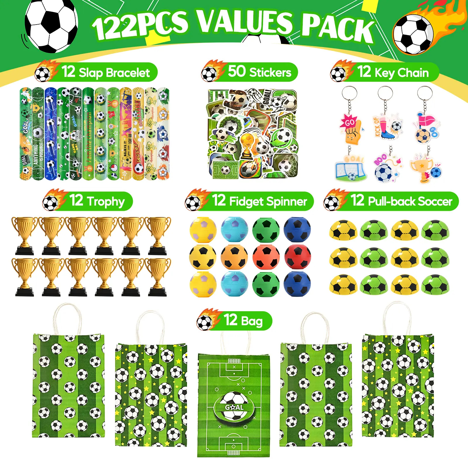 122-Pcs Unisex Soccer Party Favors Goodie Bag Set - Variety Kit with Trophy, Pull-Back Car, Slap Bracelets, Keychains, Stickers, Fidget Spinner Fun, Soccer Ball for Back to School Gifts, Child Birthday Supplies Decorations Prizes