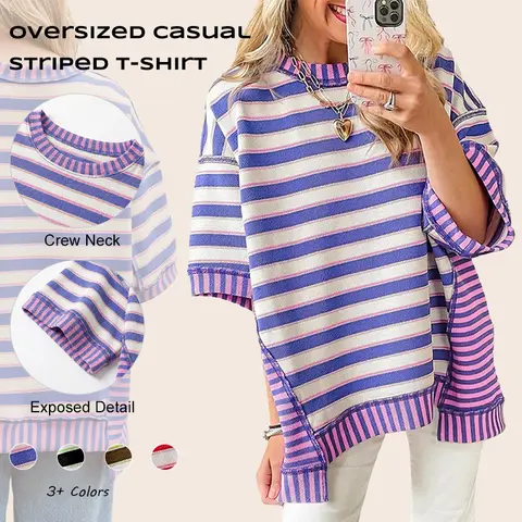 Imily Bela Womens Oversized Striped Shirt Summer Half Sleeve Tops Crew Neck Sweatshirts Casual Blouse