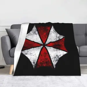 Red White Logo Graphic Throw Blanket Umbrella Corp Design Ultra Soft Fuzzy Flannel Bedroom Decor Lightweight Cozy Warm Nap Wrap Stylish Modern Aesthetic Gaming Room Setup Video Game Theme