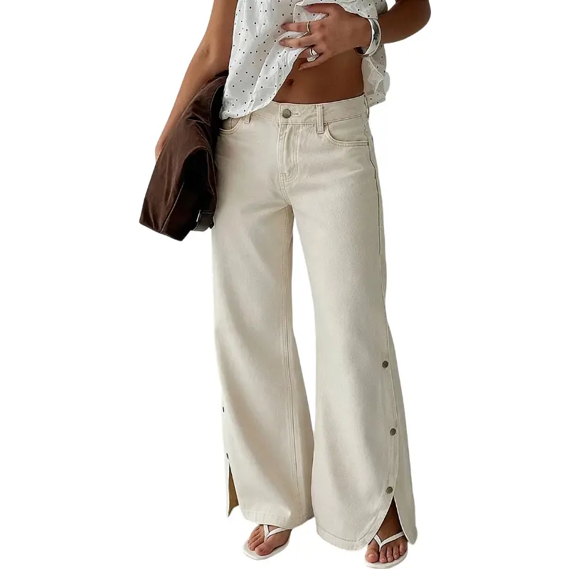 Flamingals Solid Button Side Split Hem Mid Rise Wide Leg Pants Stretchy 30.1'' Inseam