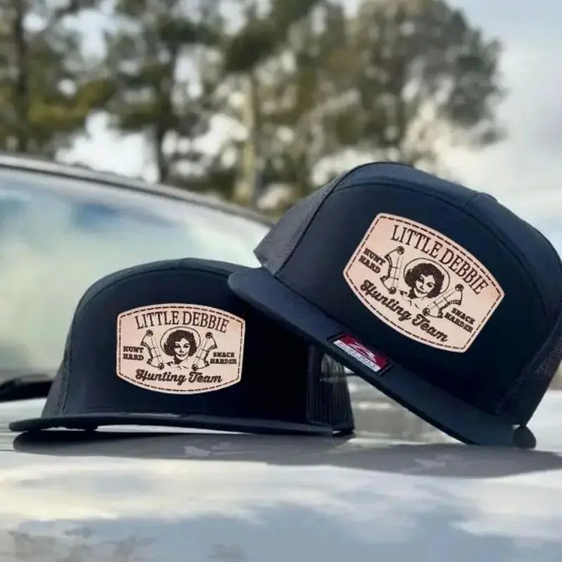 Hunting Team Leather Patch Trucker Hat, 7 Panel Camo Mesh Snapback Cap, Flat Bill Outdoor Hat,  Gift for Him