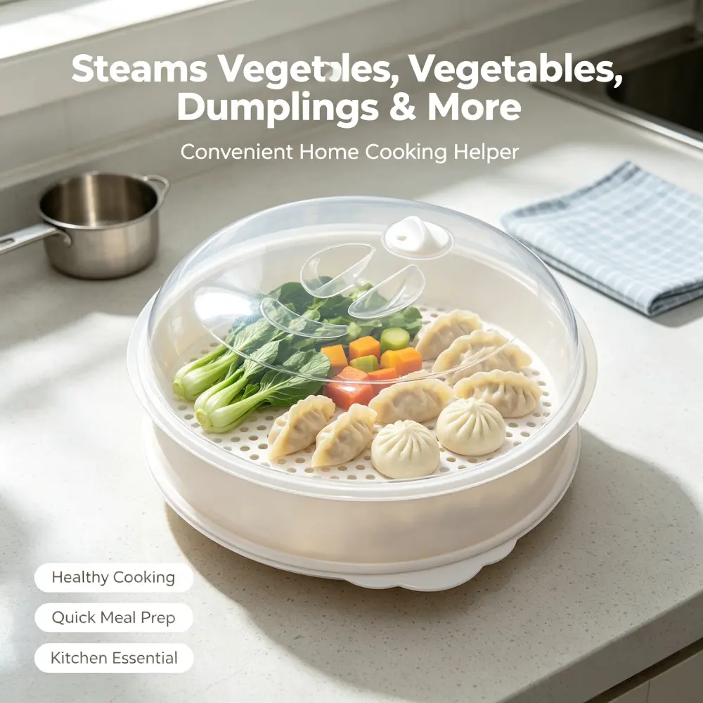 BPA-Free Plastic Microwave Steamer, Vented Clear Lid Cookware with Detachable Design for Quick Healthy Vegetable & Dumpling Meals
