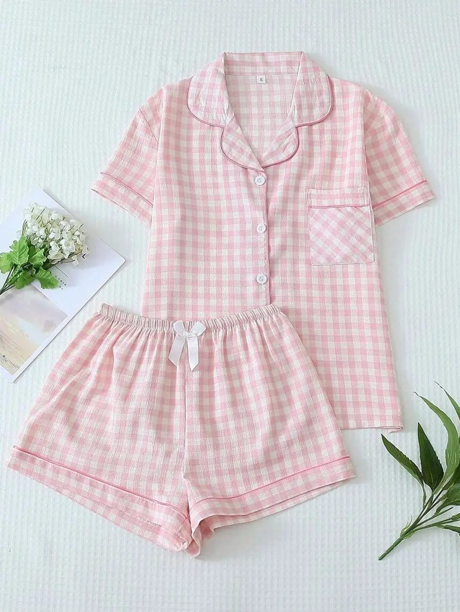 Women's Plaid Button-Up Pajama Set, Short Sleeve Shirt & Elastic Waist Shorts, Lightweight Summer Sleepwear 2 Piece Lounge Set