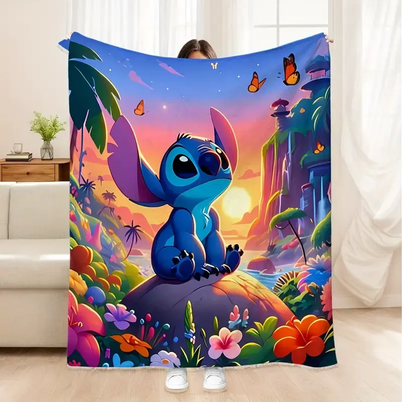 [SummerVibes] DISNEY CLASSIC Stitch Sunset Digital Print Flannel Blanket - Vibrant Geometric Pattern Soft Warm All-Season Throw for Bedroom Living Room Office Lightweight Outdoor Travel Blanket