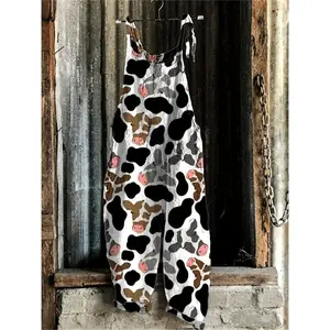Women's Cow Print Overalls - Loose Fit, Adjustable Straps, Wide Leg Jumpsuit for Spring/Summer/Fall, Black & White Animal Pattern, Casual Vacation Style, Machine Washable, Fall Casual Attire | Bib Overalls | Digital Print Fabric, Cow Print