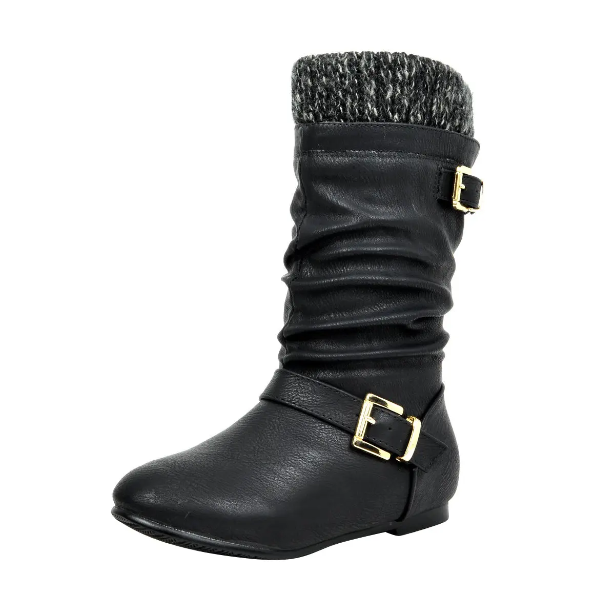Dream Pairs Girls' Faux Fur Lined Winter Riding Boots, 7" Shaft with Side Zip, 0.25" Low Heel, Round Toe & Adjustable Buckle, 0.25" Heel, Adjustable Buckle Fine-Tunes Fit