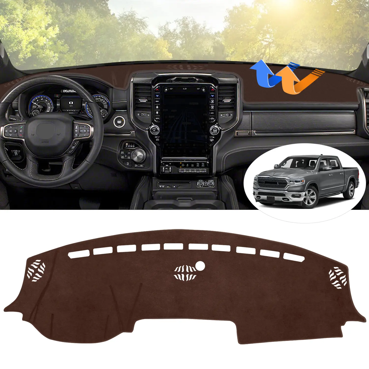 KUST Custom-Fit Car Dashboard Cover Mat for 1994-2025 Dodge Ram 1500-3500 Trucks, Brown Polyester/Black Flannel, 12x5x2in Exact Cutout Heat Absorber, Anti-Glare UV/Sun Protection, Tool-Free Install, Winter Warmer, Manufacturer Warranty Vehicle Accessory