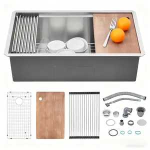 30-Inch Undermount Kitchen Sink, Stainless Steel Single Bowl Kitchen Sink, Workstation Drop In Kitchen Sin-k Basin with Grid and Drain Strainer Set, (19 * 30 * 10Inch)