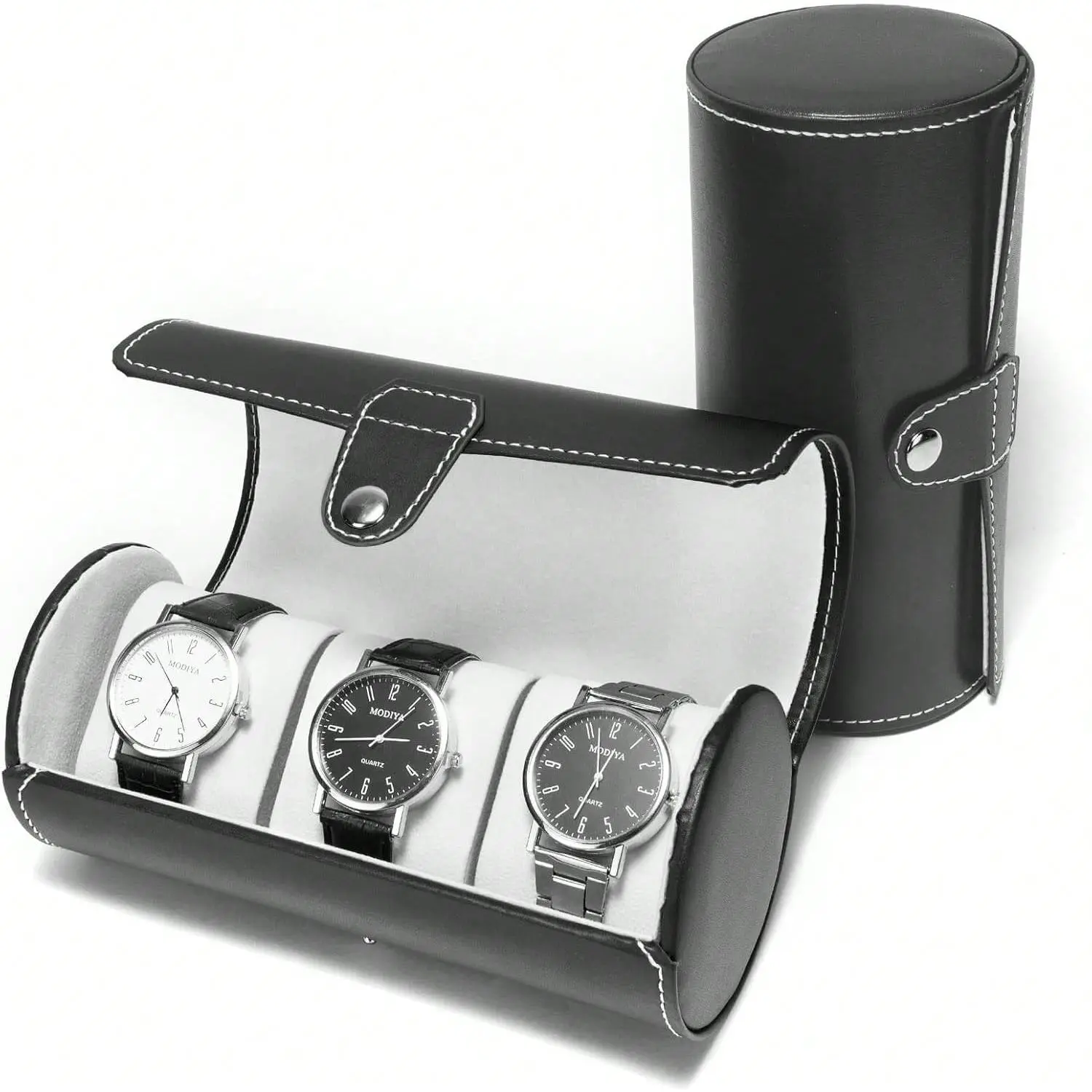 Case Elegance Watch Roll Travel Case Faux Leather Storage for Men 3-Slot Portable Holder with Soft Foam Pillows Organizer Fits 60mm Watches Black, Watch Box, Wristwatch Storage