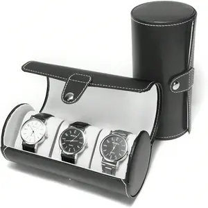 Case Elegance Watch Roll Travel Case Faux Leather Storage for Men 3-Slot Portable Holder with Soft Foam Pillows Organizer Fits 60mm Watches Black