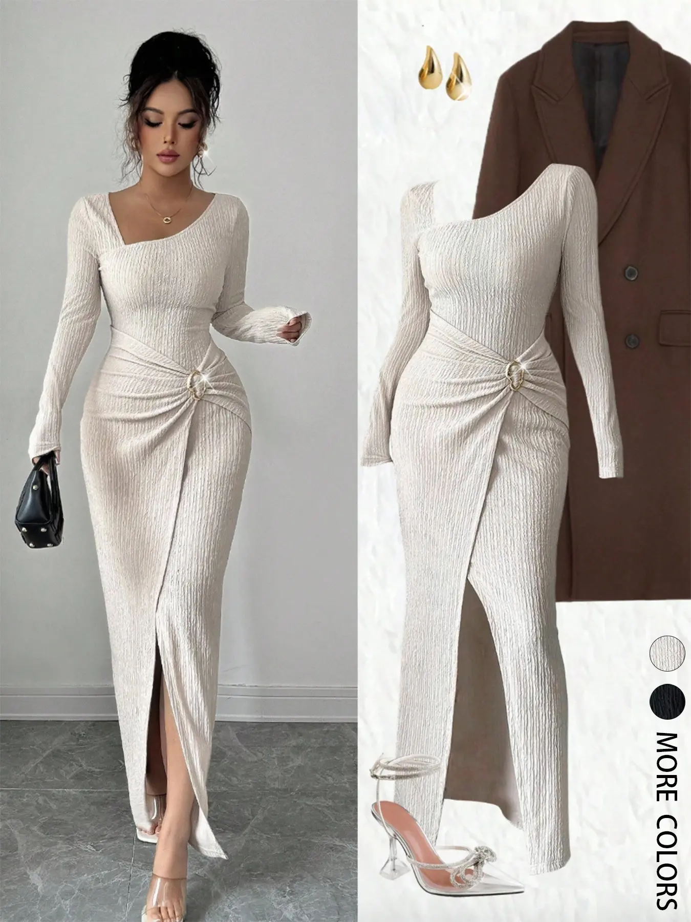 Women's Spring Solid Color Formal Basic Everyday Long Dress, Elegant, Chic, Asymmetrical-Neck Elastic Knitted Fabric Slim Fit Bodycon, Twisted And Slit Design Dress, Elegant Split Hem, Long Sleeve Dress