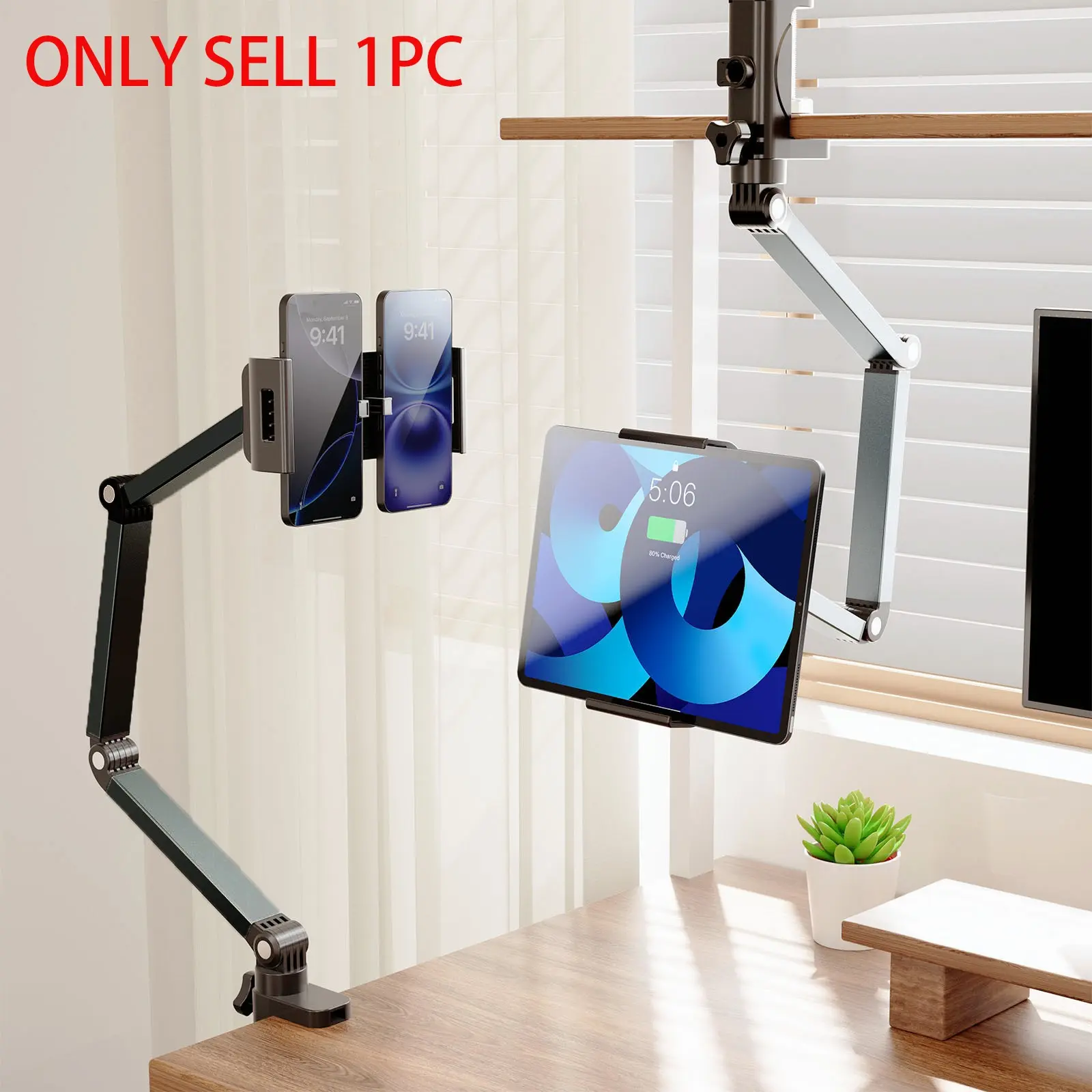 Tablet Stand Phone Desktop Holder, Mobile Tablet Stand, Long Arm Foldable Adjustable with Clip, Desk Tablet Stand Lazy Man Holder, Live Stream Stand, Manual Adjustment, Tablet Mount Stand